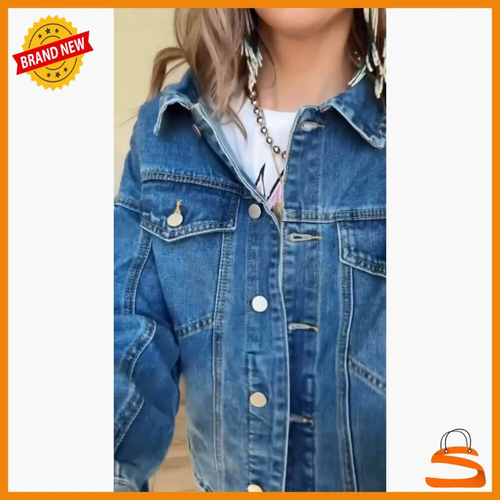 Oversized Denim Jacket with Fringe Tassels, Loose Fit, Button Front - Picture 7 of 7